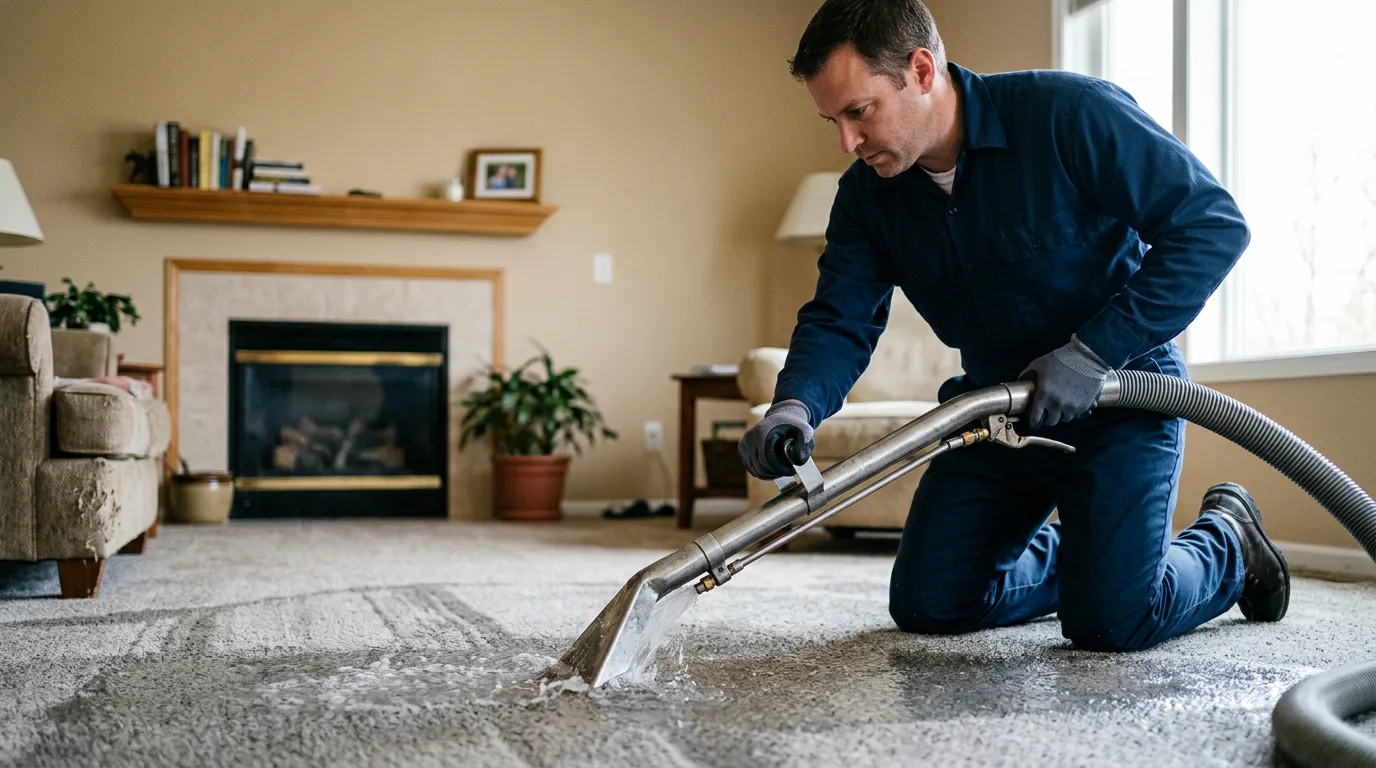 Water damage restoration technician working near Tampa, KS